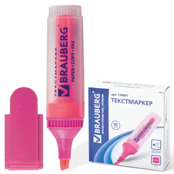 Маркер текстовый розовый Brauberg "FLUO"скошенный наконечник 1-5 мм прозрачный корпус (2/10)