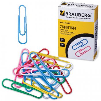 Скрепки канцелярские 50мм BRAUBERG цветные 50шт. в картонной упаковке (2/12)