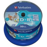 Диск CD-R Verbatim 52x inkjet print полная заливка Cake box (50/200)