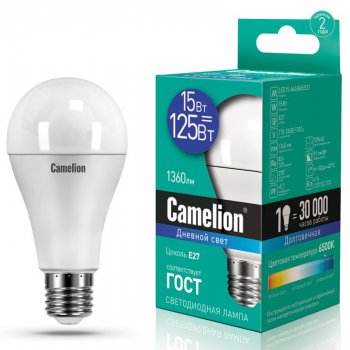 Лампа диодная A60 15Вт Е27 6500К 1360Лм Camelion (10/100)