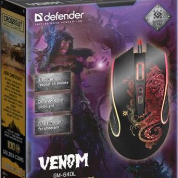 Мышь игровая Defender Venom GM-640L, 8кн, 1200/1600/2400/3200 DPI, переливающаяся подсветка, черный (1/40)