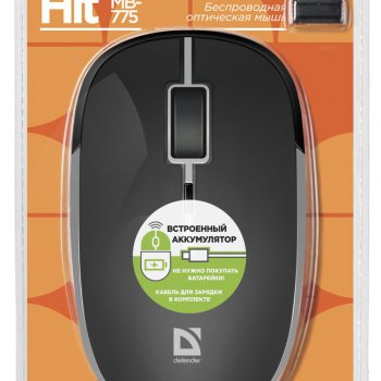 Мышь Defender Hit MB-775 4кн, зарядка от USB, встроенный аккумулятор, 800/1200/1600 dpi, черный, беспроводная (1/40)