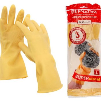 Перчатки латекс M Сверхпрочные цвет натуральный Komfi (12)