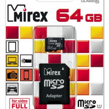 Карта micro-SD Mirex 64GB Class 10 + адаптер (SDXC) UHS-I