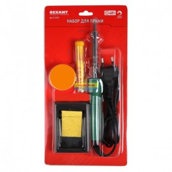 Набор для пайки (паяльник 30Вт, подставка, губка для удаления припоя, канифоль, припой) Rexant (20)
