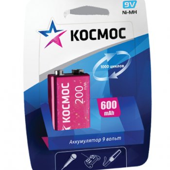 Аккумулятор NiMh 6F22 200мАч Космос 1xBL (6/72)