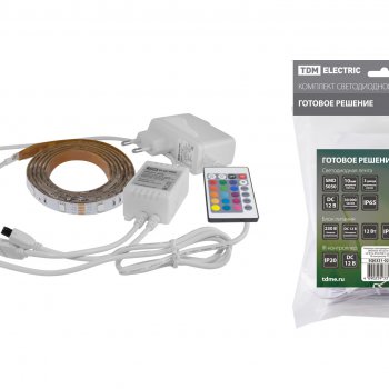 Лента диодная 12В IP65  7.2Вт/м RGB 5050 30LED/м 1м TDM комплект пульт ДУ (5)
