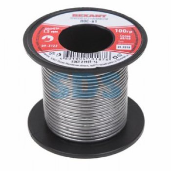 Припой катушка ПОС-61 без канифоли (Ø1,5 мм, 100 г) REXANT