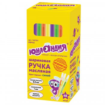 Ручка шариковая масляная ЮНЛАНДИЯ "НЕОН" 1мм безопасный корпус ассорти синий стержень (48)