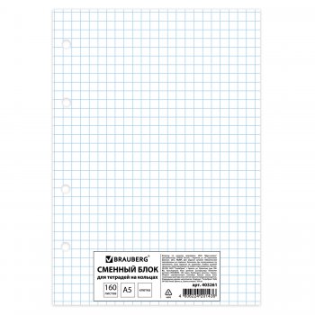 Сменный блок к тетради на кольцах А5 BRAUBERG ЭКО "Белый" 160 л. (1/20)