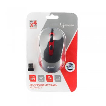 Мышь Gembird 221 5кн, 800/1200/1600dpi, черный/красный, беспроводная, батарейки в комплекте, блистер (1/60)