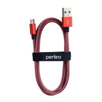 Кабель USB-microB  1м Perfeo нейлон металлические коннекторы красн/бел (100)