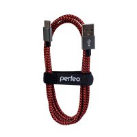 Кабель USB-TypeC  1м Perfeo нейлон металлические коннекторы черн/красн (100)