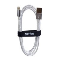 Кабель USB-iPhone8pin  1м Perfeo ткань металлические коннекторы белый (100)