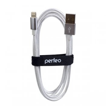 Кабель USB-iPhone8pin  1м Perfeo ткань металлические коннекторы белый (100)