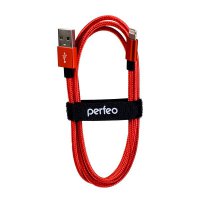 Кабель USB-iPhone8pin  1м Perfeo ткань металлические коннекторы красный (100)