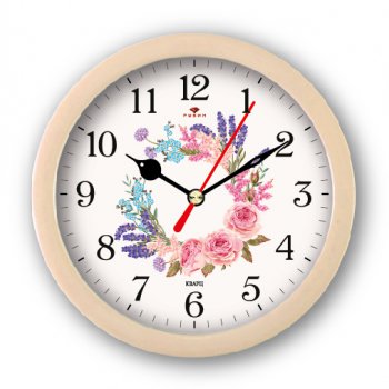 Будильник Рубин круглый 15,3*15,3см "Цветочный узор" корпус бежевый кварцевый механизм (1/20)