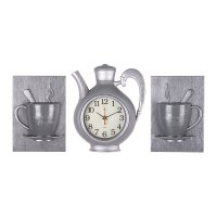 Часы настенные Рубин чайник пластик 26,5*24+ 2 чашки "Классика" корпус серый  с серебром (1/5)