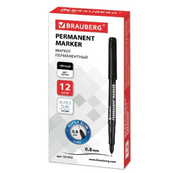 Маркер BRAUBERG "Super Slim" перманентный 0,8мм ЧЕРНЫЙ тонкий металлический наконечник (12)