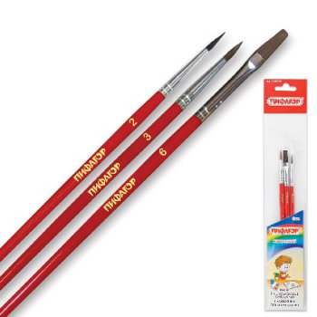 Кисти Пифагор набор 3 шт. (пушно-меховая круглая № 2, плоская № 6, из ворса пони круглая № 3) (1/12)