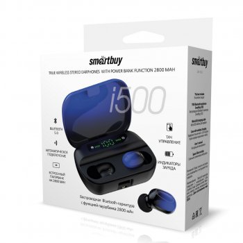 Гарнитура вкладыши TWS Smartbuy i500 3022 Bluetooth зарядная станция 2800мАч автосопряжение черный/синий