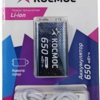 Аккумулятор Li-ion 6F22 650мАч Космос 1xBL зарядка от USB+кабель (6/72)