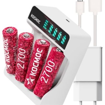 Зарядное устройство Kосмос КОС516 (+4*R6 2700mAh, USB, дисплей) 1ч (25)
