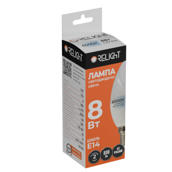 Лампа диодная свеча С37 8Вт E14 6500К 800Лм Relight (100)