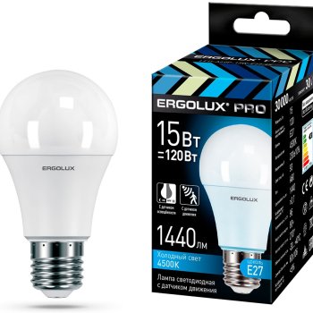 Лампа диодная A60 15Вт Е27 4500К 1440Лм Ergolux датчик движения (10/100)
