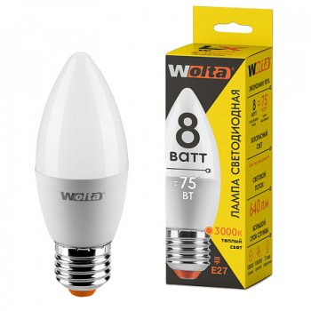 Лампа диодная свеча  8Вт Е27 3000К 640Лм Wolta LX (50)