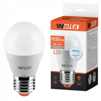 Лампа диодная шар G45 12Вт Е27 4000К 1050Лм Wolta (50)