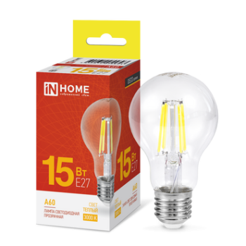 Лампа филамент A60 15Вт Е27 3000К 1480Лм прозрачная InHome (10)
