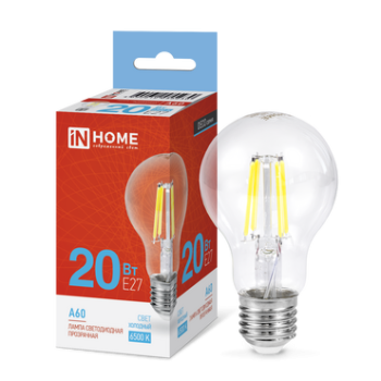 Лампа филамент A60 20Вт Е27 6500К 1890Лм прозрачная InHome (10/50)