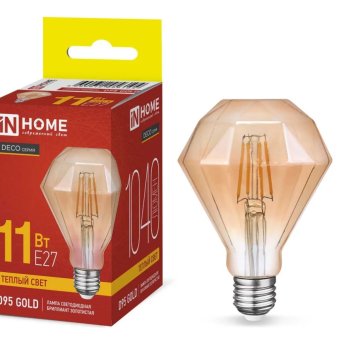 Лампа филамент D95 gold 11Вт E27 3000K 1040Лм бриллиант золотистая InHome