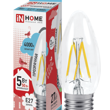 Лампа филамент свеча  5Вт Е27 3000К 520Лм InHome (10)