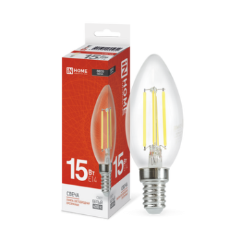 Лампа филамент свеча 15Вт Е14 6500К 1455Лм прозрачная InHome (10)