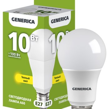 Лампа диодная A60 10Вт Е27 3000К 1000Лм IEK GENERICA (10/100)