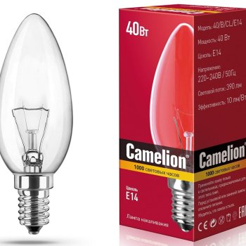 Лампа накаливания свеча 40Вт Е14 прозрачная Camelion (100)