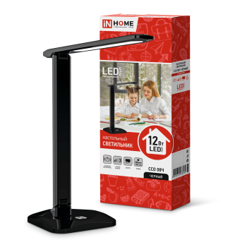 Светильник настольный светодиодный ССО 08Ч 12Вт 600Лм сенсор 3 уровня яркости, с адаптером ЧЕРНЫЙ IN