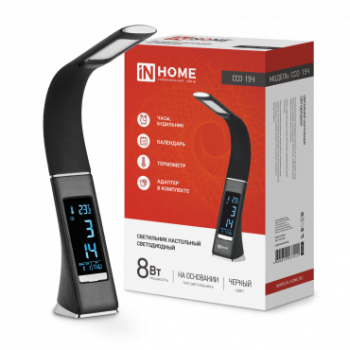 Светильник настольный диодный InHome ССО-15Ч 8Вт 3000-6500К 480Лм сенсор-диммер часы календарь температура черный (1)