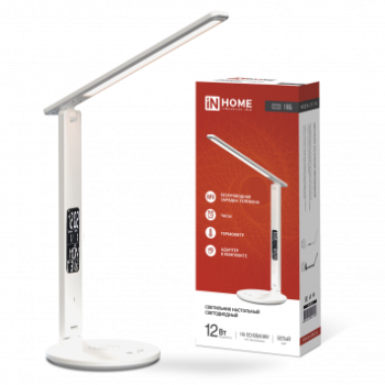 Светильник настольный диодный Inhome ССО-18Б 12Вт 3000-6500К 600Лм сенсор-диммер часы темпер бесп заряд белый (1)