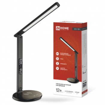 Светильник настольный диодный Inhome ССО-18Ч 12Вт 3000-6500К 600Лм сенсор-диммер бесп заряд часы темпер черный (1)