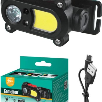 Фoнарь налобный аккумуляторный Camelion 53418 2Вт+3ВтCOB сенсор 500мАч (10/100)