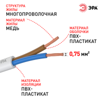 Провод ШВВП 2х0,75 ГОСТ 7399-97 белый ЭРА (50)