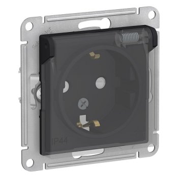 Механизм розетки Atlas 1-ая с заземлением шторки крышка IP44 карбон (5)