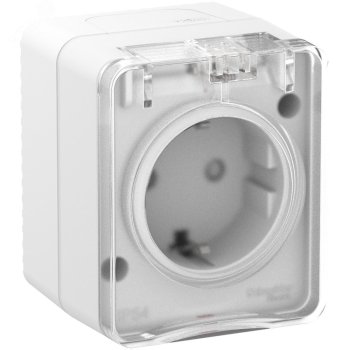 Розетка Atlas Profi54 1-ая IP54 с заземлением шторки белый