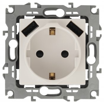 Розетка Эра 12 1-ая с/з з/ш 2xUSB 5В-3А слоновая кость