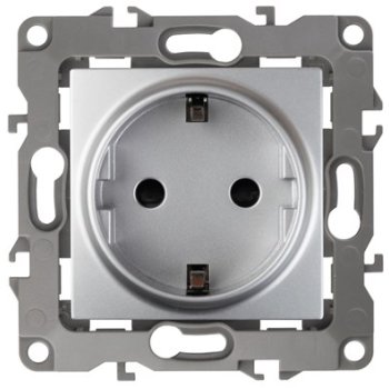 Механизм розетки Эра 12 1-ая с заземлением шторки алюминий (10)