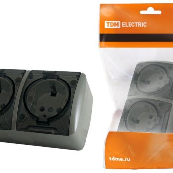 Розетка Селигер 2-ая с/з с прозр. крышкой серый IP54 TDM (5)