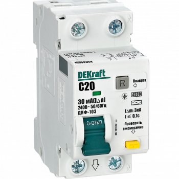 ДИФ 1Р+N 20А 30мА АС 4,5кА С DEKraft ДИФ-103 (6)